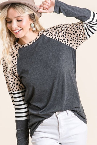 Leopard & Stripes Sleeve Top