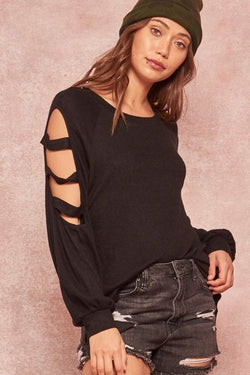 Cut-Out Sleeves Top-Black
